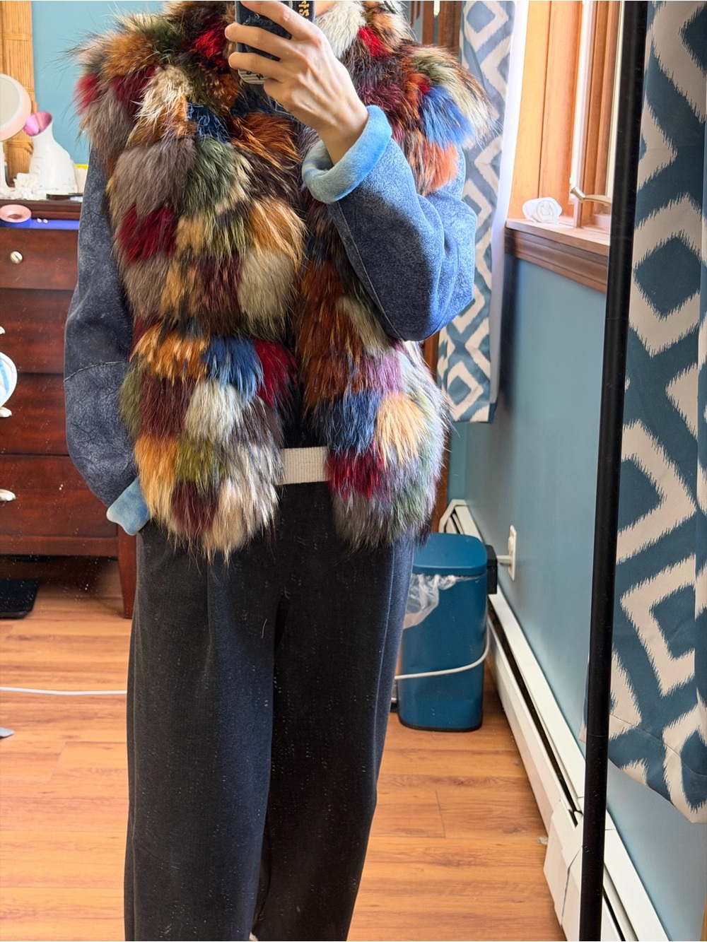 Multicolor Faux Fur Trim Denim Jacket - Women's